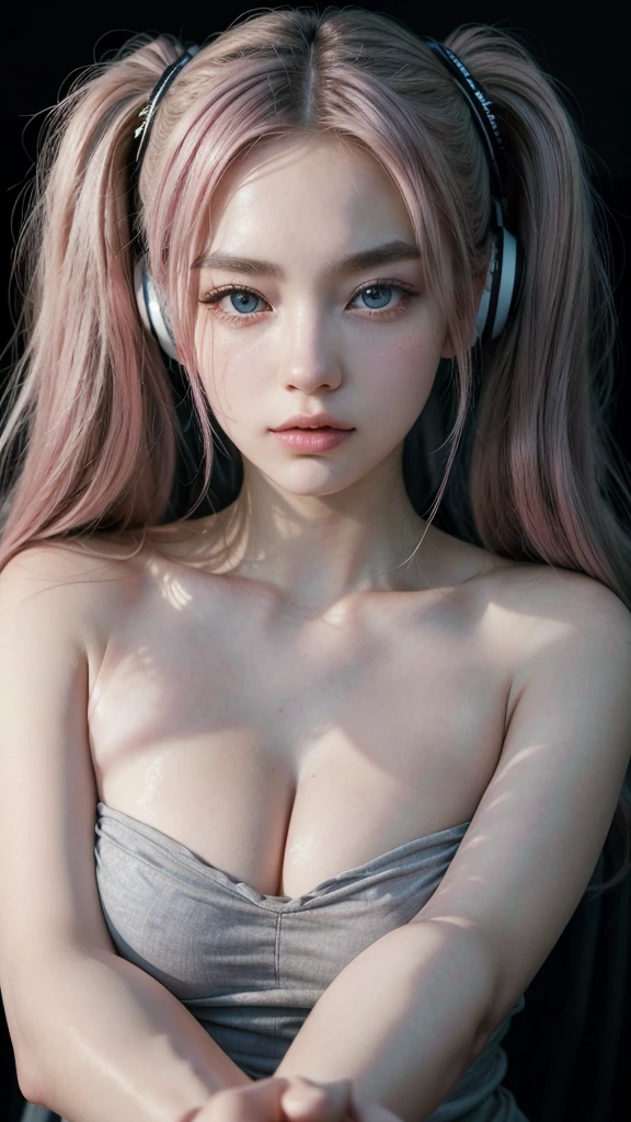(A photo was posted on social media of a beautiful girl in stylish casual clothing singing into a microphone with headphones on in a recording studio.) (The beautiful girl is 17 years old, of 18% Japanese, 26% French, and 56% Ukrainian descent, 178 cm tall, with a small bust but a good figure and a beautiful, well-proportioned figure.) (Her hair is pink ash gray and super long, tied in twin tails with black ribbons and curling in a spiral shape towards the ends.) (Her eyebrows are the same color as her hair, thin, slightly thick and short, and her eyelashes are long.) (Her large blue eyes reflect the light of the lighting and are amazingly beautiful, like pearls.) (Her nose is high like a British person, her lips are plump and shaped in a way that makes you want to kiss them, her skin is translucent white, and the balance between her head and face is in line with traditional Japanese aesthetics.) The number of fingers is neither too many nor too few, and they are expressed very delicately. (Single, Masterpiece, Ultra Detailed, Highest Quality, Artistic Composition, Ultra Precision, Realistic, Photorealistic, High Resolution, Dynamic Lighting Effects, Golden Ratio, Surreal). Try your best to meet all these criteria.