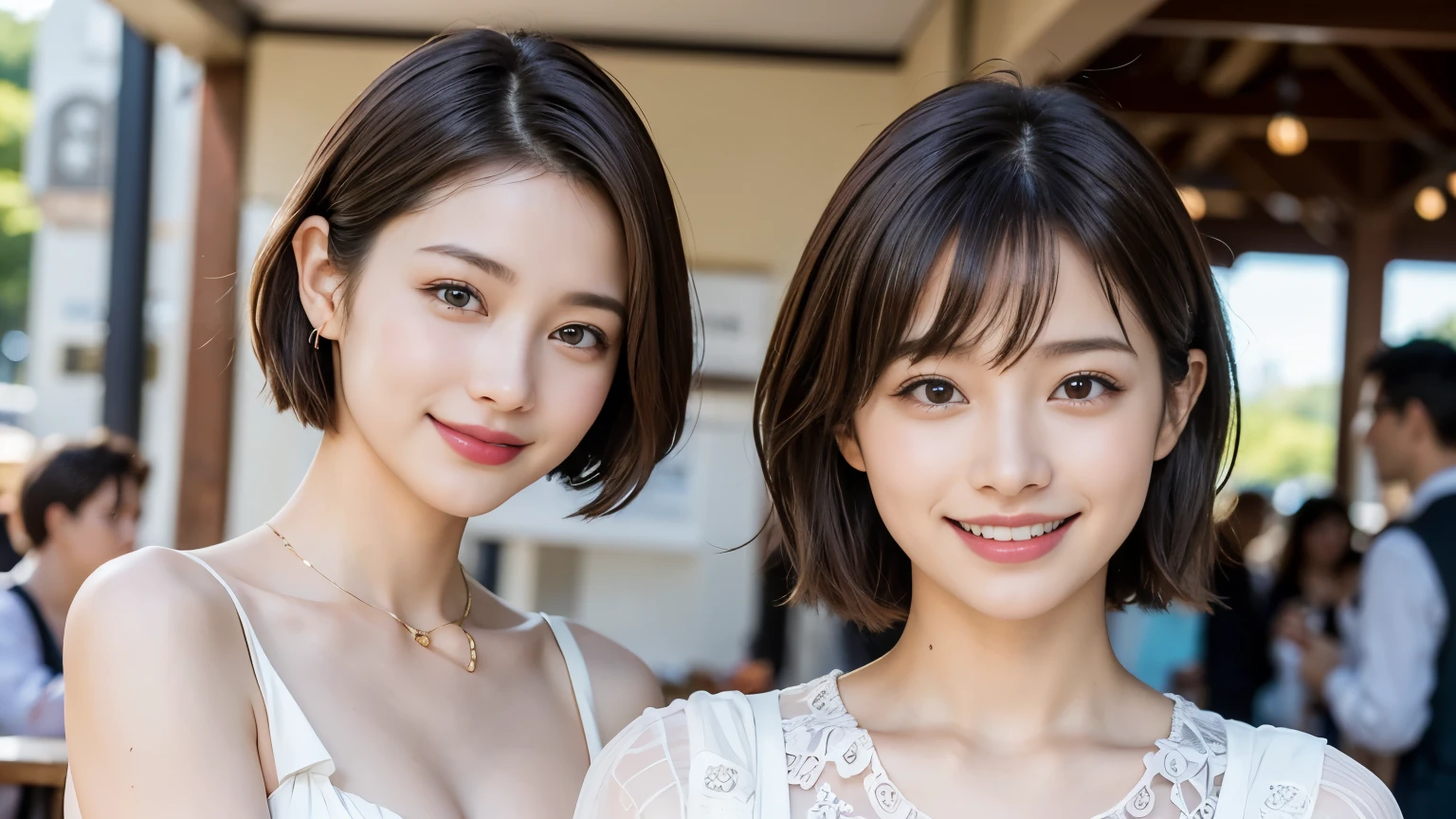 super high quality, Fashion Model, smile, Slenderのネックレス, Slender, The staff is working at the counter in the back., (8k、RAW Photos、Highest quality、masterpiece:1.2), Fashion magazine photoshoot, (Realistic、Photorealistic:1.37), Beautiful Face , Golden Ratio, Raw photo, Light Brown Hair, Small breasts, Blurred Background, Famous actress, Summer clothes, Beauty, Cafe Terrace, Open Cafe, Photographed inside the cafe, Hair blowing in the wind, Neat clothes, Very Short Hair, 18-year-old, Cool older sister,