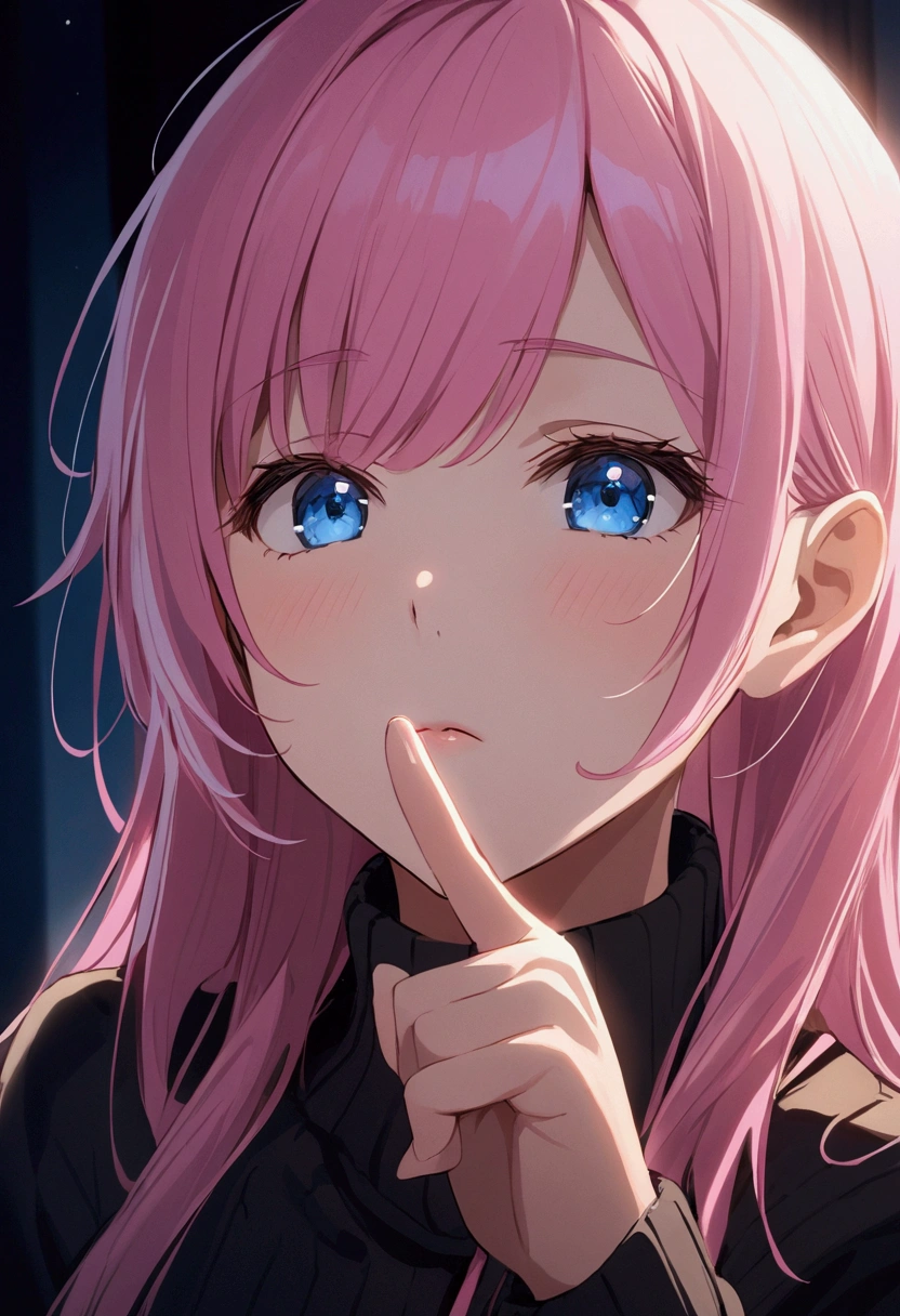 remember、Close your eyes、Place index finger on chin、Girl with pink hair、blue eyes、Twin Drill、A scene from a movie