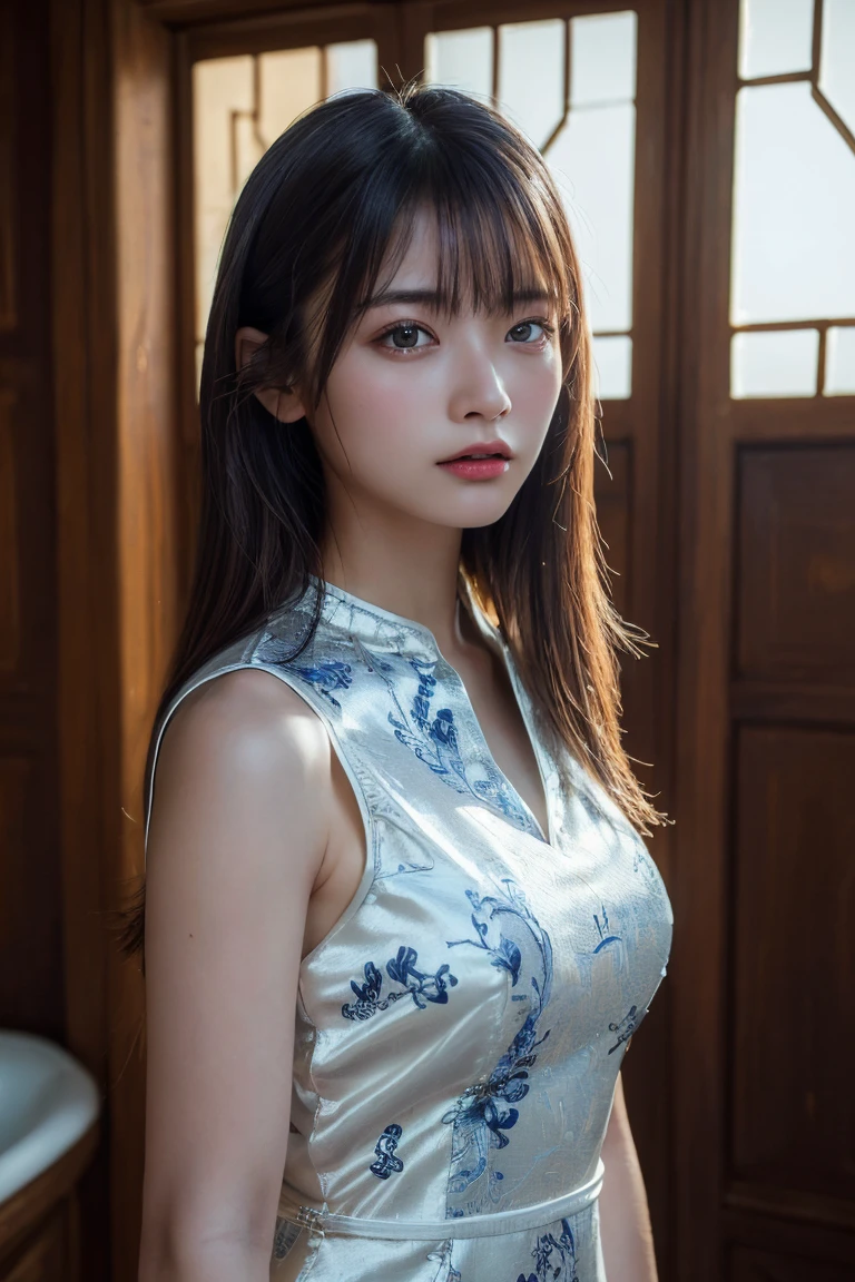 (Highest quality:1.4),(masterpiece:1.4),(Realistic:1.4),(Realistic:1.2),(超High resolution, RAW Photos:1.4),(High resolution, Very detailed:1.2),(8k:1.2),Movie Photos,a photo of a dark-haired,One Girl,alone,wear ,((China dress))、((Upper Body:1.3))