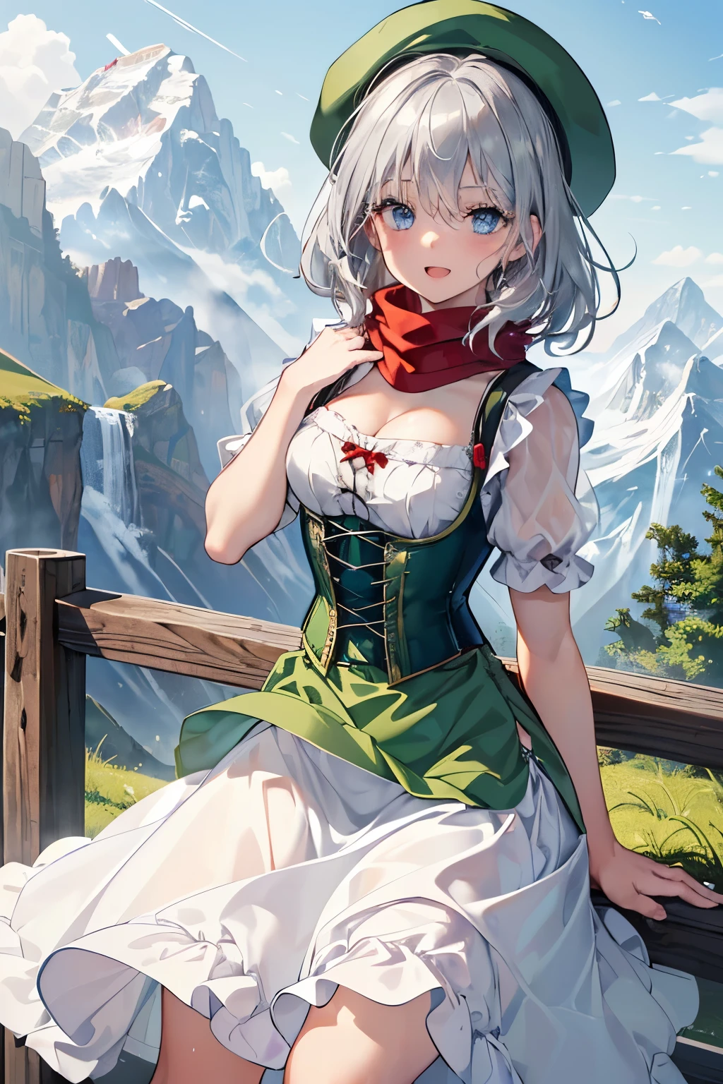 (Best quality,4K,8K,High resolution,Masterpiece:1.2),Super detailed,(Actual, Realistic),
break,
((Beautiful clear blue eyes:1.2)),very kind eyes,eyes wide open,beautiful eyelashes,beautiful lower eyelashes,
break,
((Beautiful and shiny silver hair:1.3)),A dazzling smile, a bursting smile, an open mouth laugh,
break,
BREAK (fusion of dirndl and short sleeve white blouse:1.4), ((deep-red Pinafore,deep green corset):1.3),(deep green oktoberfest hat:1.3),((put a white scarf on one's shoulders:1.3)),
break,
very happily,((bust shot)),zoom in,((Alps in the background:1.3))