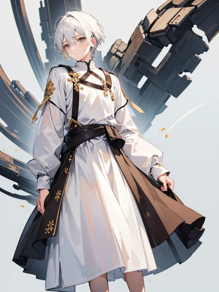 1boy, white hair, brown eyes, beautiful background, simple clothes