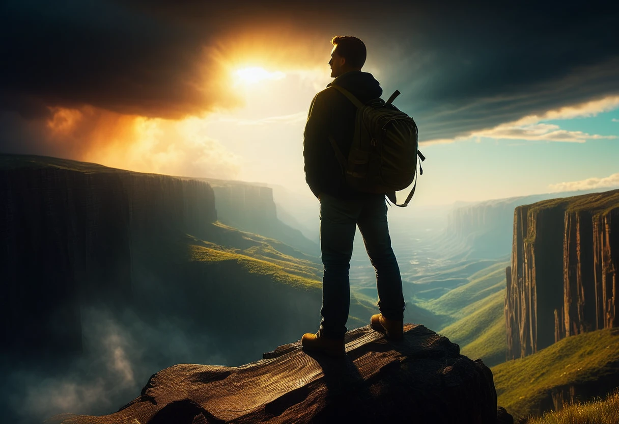 a man standing on the edge of a cliff looking into the sky, cinematic, dramatic landscape, epic dramatic clouds, moody dramatic lighting, intense atmospheric mood, ultrarealistic, 8k, photorealistic, highly detailed, intricate details, ambient occlusion, volumetric lighting, dramatic cinematic composition, wide angle lens, sweeping vista, rugged rocky cliff, man silhouetted against sky, intense emotive expression, chiaroscuro lighting, golden hour lighting, dramatic shadows, glowing sunset sky, awe-inspiring scale, atmospheric haze, depth of field blur