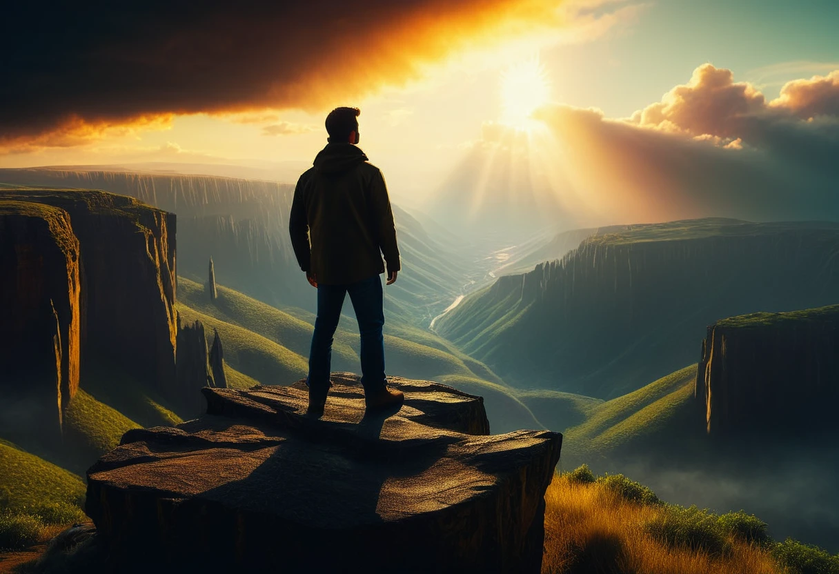 a man standing on the edge of a cliff looking into the sky, cinematic, dramatic landscape, epic dramatic clouds, moody dramatic lighting, intense atmospheric mood, ultrarealistic, 8k, photorealistic, highly detailed, intricate details, ambient occlusion, volumetric lighting, dramatic cinematic composition, wide angle lens, sweeping vista, rugged rocky cliff, man silhouetted against sky, intense emotive expression, chiaroscuro lighting, golden hour lighting, dramatic shadows, glowing sunset sky, awe-inspiring scale, atmospheric haze, depth of field blur