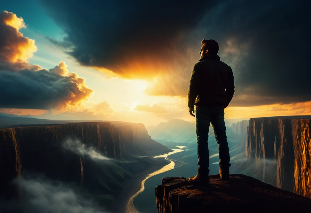 a man standing on the edge of a cliff looking into the sky, cinematic, dramatic landscape, epic dramatic clouds, moody dramatic lighting, intense atmospheric mood, ultrarealistic, 8k, photorealistic, highly detailed, intricate details, ambient occlusion, volumetric lighting, dramatic cinematic composition, wide angle lens, sweeping vista, rugged rocky cliff, man silhouetted against sky, intense emotive expression, chiaroscuro lighting, golden hour lighting, dramatic shadows, glowing sunset sky, awe-inspiring scale, atmospheric haze, depth of field blur
