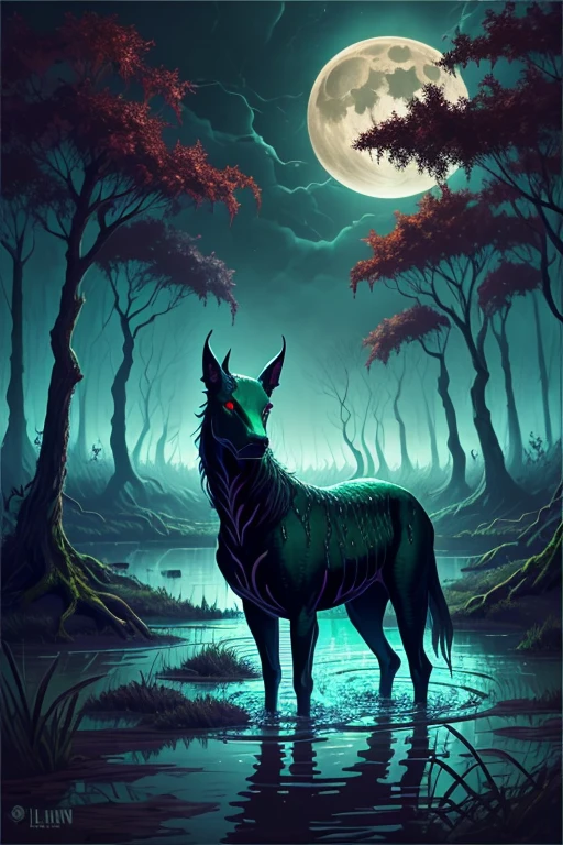 An eerie and sinister painting by Stefan Koidi of a stinky boggy swamp at midnight. A chorus of croaking bullfrogs and chirping  insects travel loudly through the thick, hot and humid air as a full moon hangs low bathing the portentous scene in an ominous and haunting glow.  Standing next to the waters edge is a large, malevolent black Kelpie; a trecheous water spirit creature from Scottish Celtic folklore. With its body faced forward, toward the water-it's head is turned slightly to its left, facing the viewer and glarring with an intense, piercing gaze from its vivid, glowing red eyes that instill feelings of unsurmountable terror and dread to all who meet the beasts' gaze. The Kelpie's flesh is rife with spots of sickening necrosis- large chunks of rotton flesh falling off and revealing leg bones, the ribcage, and a partially skeletal jawline. Twisted vines snake their way up crooked gnarled trees adorned with spanish moss and luminescent fungi clings to trunks of saturated trees, casting a baleful, sickly green glow upon the otherworldly place emphasizing the detailed  horror elements, enhancing the haunting ambiance, creating a chilling scene.