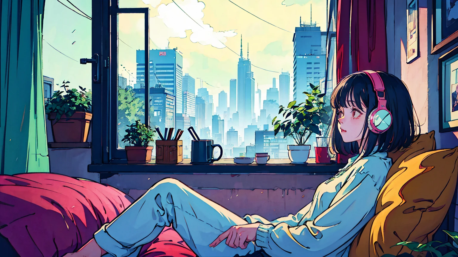 Lofi Song, sitting on the bed. looking at the window, having a coffee. listening to music on headphones, while looking out the window and seeing the rain falling

