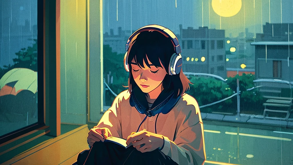 night、Girl listening to music in a cozy room, Use headphones, 2D Style Anime,  Rain outside the window、Analog Color Theme、Ghibli style、neon