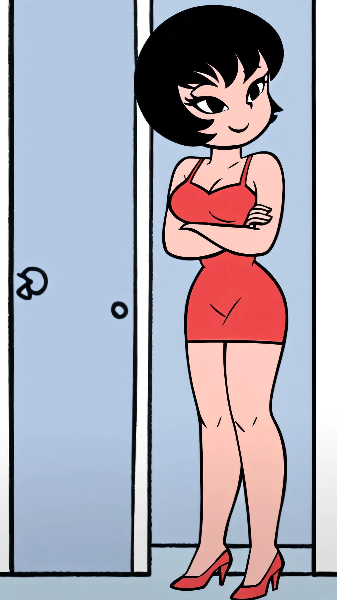 Jucika, digital media, black eyes, black hair, short hair, flat color, flat graphic style, white skin, zPDXL, best quality, amazing quality, score 9, 1girl, looking at viewers, bare shoulders, red dress, taut dress, spaghetti strap red dress, sleeveless, medium breast, standing in her bedroom, 1 girl, solo, close up portrait, seductive smile, red high heels, full body, arms crossed