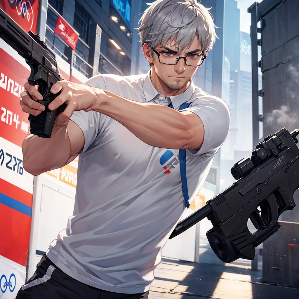 a man with short gray hair,glasses,wearing a white shirt with 'Türkiye' written on it,holding a pistol in a shooting stance,serious expression,detailed illustration,sports setting,Olympic event,banners,photographers,vibrant,dynamic,focus,intensity