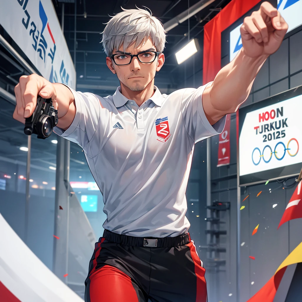 a man with short gray hair,glasses,wearing a white shirt with 'Türkiye' written on it,holding a pistol in a shooting stance,serious expression,detailed illustration,sports setting,Olympic event,banners,photographers,vibrant,dynamic,focus,intensity