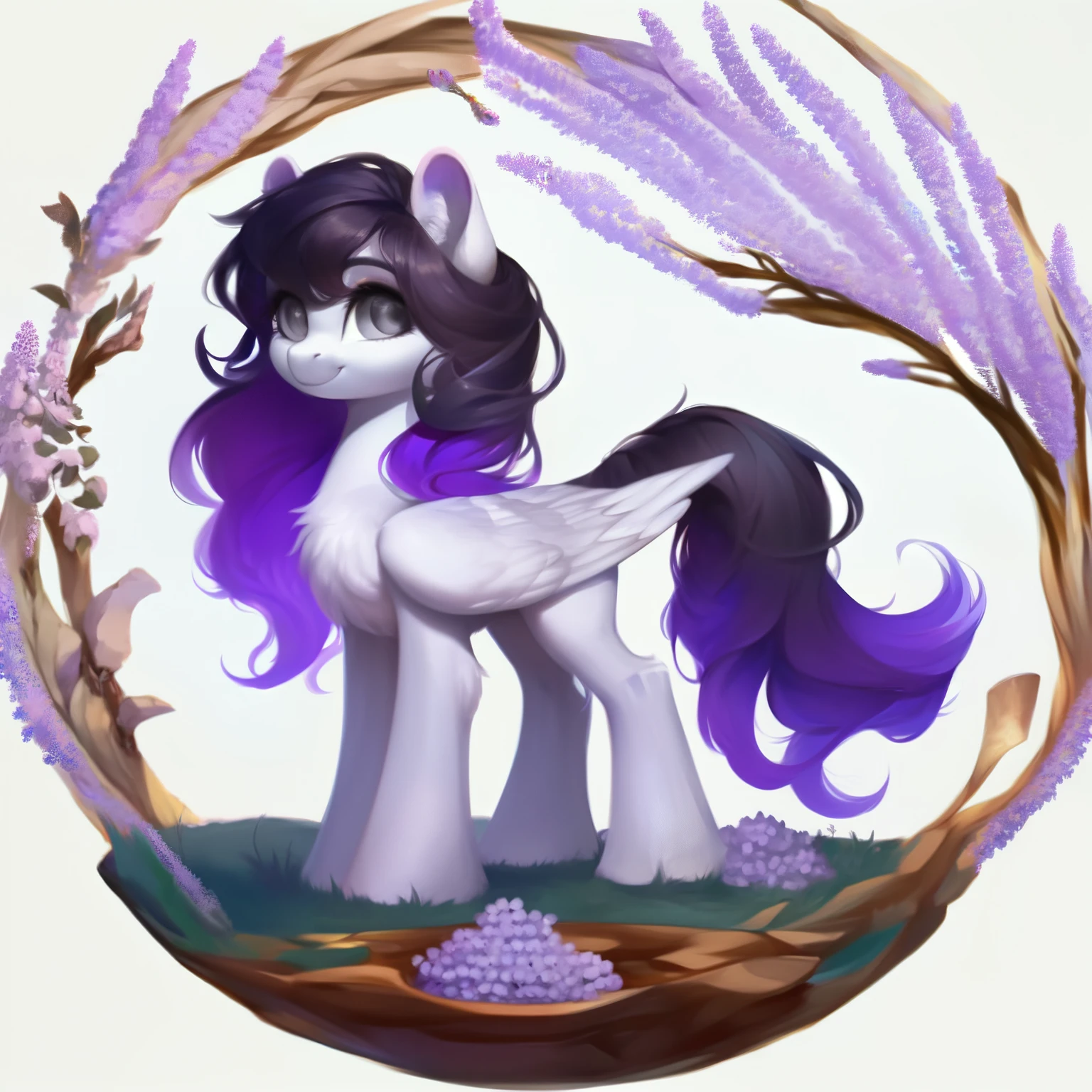 rating_safe, score_9, fluffy, feral pegasus pony, female, round cute face, Lavender purple body, black-purple mane, disheveled hair, soft and delicate long hair, clear grey eyes, grey eyes, smiling. dynamic。young and beautiful。。Standing picture, Ray Tracing。whole body。Standing。White background,Full body painting