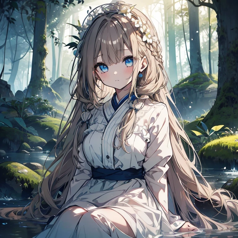 1 girl、Mature、Ample breasts、Long Hair、Brown Hair、Braid、Pigtails、Light blue eyes、White Dress、Flower crown、Deep in the forest、Foggy、mysterious、sit、stream、Mossy、Ancient Forest、High resolution、Highest quality、