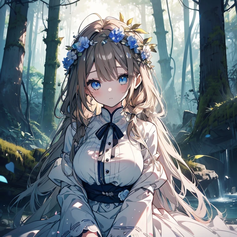 1 girl、Mature、Ample breasts、Long Hair、Brown Hair、Braid、Pigtails、Light blue eyes、White Dress、Flower crown、Deep in the forest、Foggy、mysterious、sit、stream、Mossy、Ancient Forest、High resolution、Highest quality、