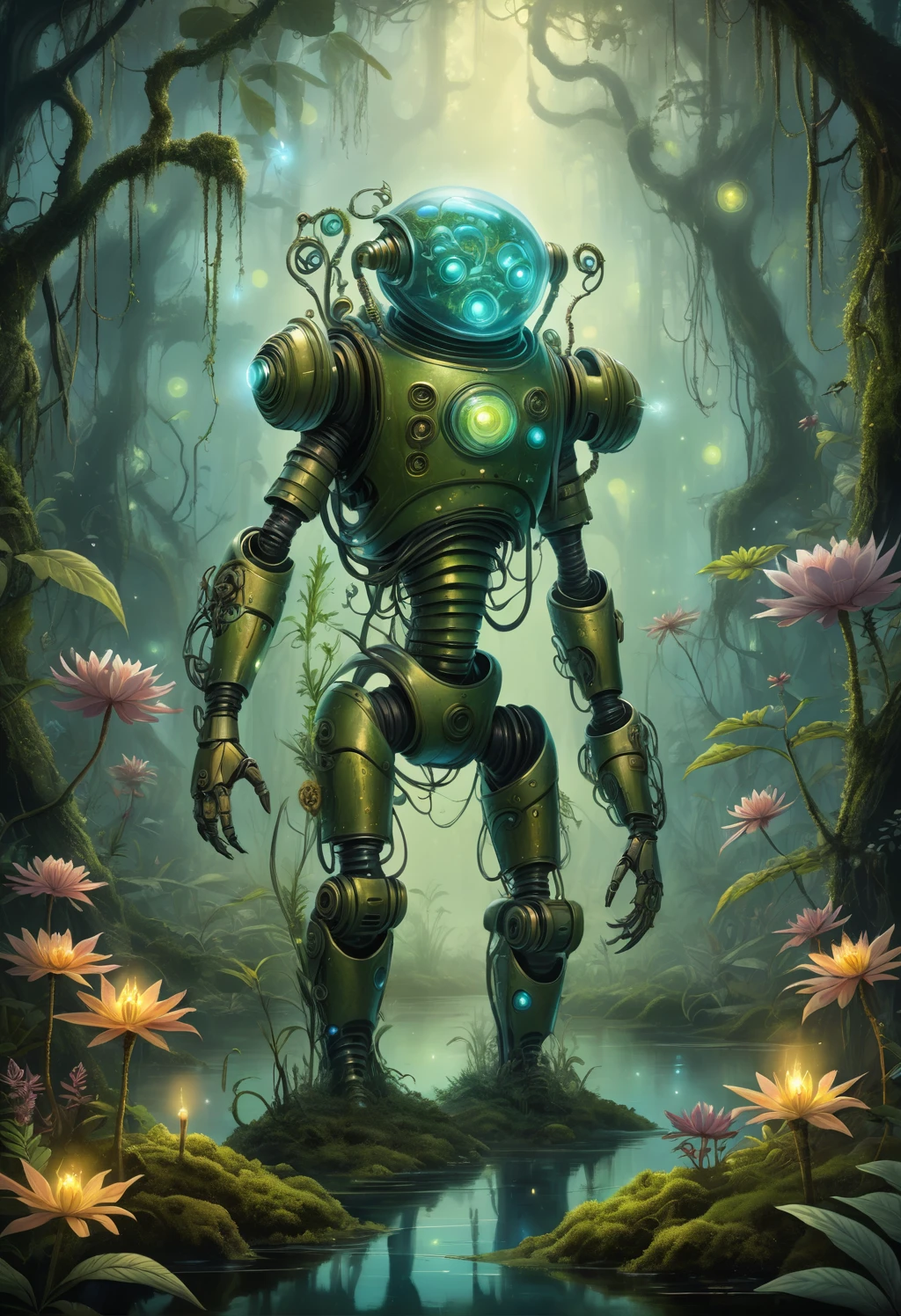 Illustration style image of a biomechanical entity. The entity is a fusion of technology and nature, with a helmet that resembles a diving suit, its surface covered with verdant moss, handing a flower to the viewer, hemp plant, cannabis, luminous, exotic flowers. Its arms are heavy and robotic, adorned with peaceful symbols and designs. The backdrop is an enchanted swamp, filled with a mystical fog, gnarled trees, and a spectrum of swamp flora. Fireflies dot the air with their luminescent glow. The artwork should have a whimsical, fantastical feel, with bright colors and a hand-drawn quality that emphasizes the enchanting aspects of the scene and the theme of the organic meeting and mechanics.