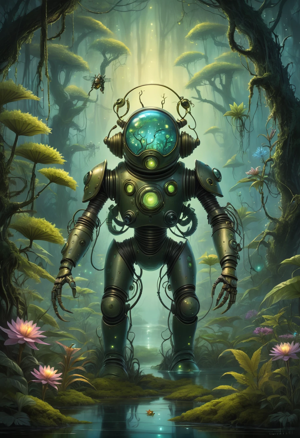 Illustration style image of a biomechanical entity. The entity is a fusion of technology and nature, with a helmet that resembles a diving suit, its surface covered with verdant moss, handing a flower to the viewer, hemp plant, cannabis, luminous, exotic flowers. Its arms are heavy and robotic, adorned with peaceful symbols and designs. The backdrop is an enchanted swamp, filled with a mystical fog, gnarled trees, and a spectrum of swamp flora. Fireflies dot the air with their luminescent glow. The artwork should have a whimsical, fantastical feel, with bright colors and a hand-drawn quality that emphasizes the enchanting aspects of the scene and the theme of the organic meeting and mechanics.