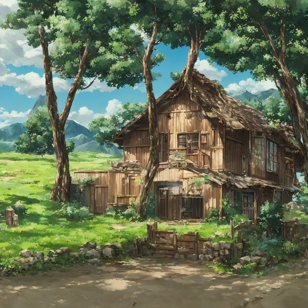 Beautiful countryside, blue sky, Studio Ghibli style, There are no people, Mountain hut
, Mountain,