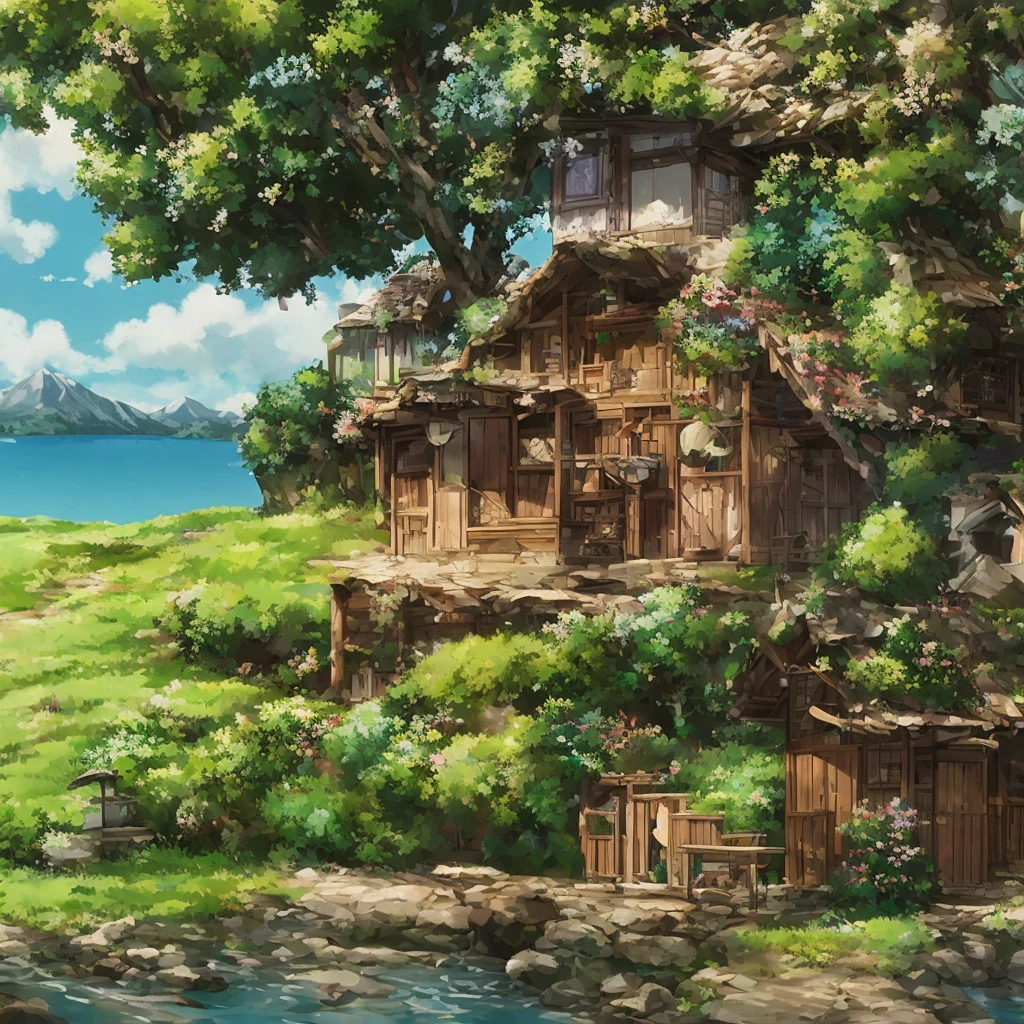 Beautiful countryside, blue sky, Studio Ghibli style, There are no people, Mountain hut
, Mountain,