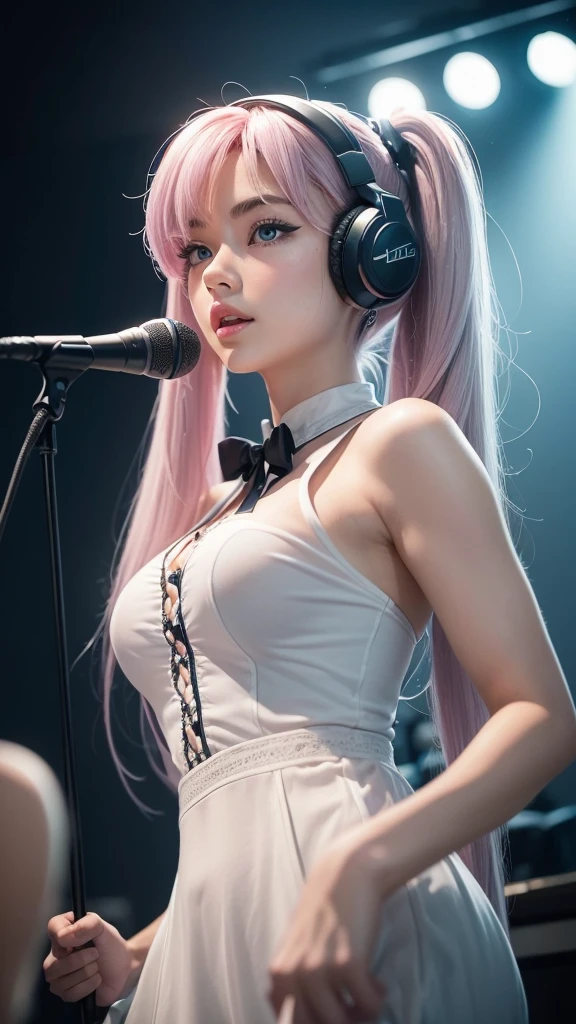 (A photo was posted on social media of a beautiful girl in stylish casual clothing singing into a microphone with headphones on in a recording studio.) (The beautiful girl is , of 18% Japanese, 26% French, and 56% Ukrainian descent, 178 cm tall, with a small bust but a good figure and a beautiful, well-proportioned figure.) (Her hair is pink ash gray and super long, tied in twin tails with black ribbons and curling in a spiral shape towards the ends.) (Her eyebrows are the same color as her hair, thin, slightly thick and short, and her eyelashes are long.) (Her large blue eyes reflect the light of the lighting and are amazingly beautiful, like pearls.) (Her nose is high like a British person, her lips are plump and shaped in a way that makes you want to kiss them, her skin is translucent white, and the balance between her head and face is in line with traditional Japanese aesthetics.) The number of fingers is neither too many nor too few, and they are expressed very delicately. (Single, Masterpiece, Ultra Detailed, Highest Quality, Artistic Composition, Ultra Precision, Realistic, Photorealistic, High Resolution, Dynamic Lighting Effects, Golden Ratio, Surreal). Try your best to meet all these criteria.