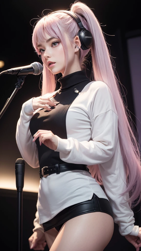 (A photo was posted on social media of a beautiful girl in stylish casual clothing singing into a microphone with headphones on in a recording studio.) (The beautiful girl is , of 18% Japanese, 26% French, and 56% Ukrainian descent, 178 cm tall, with a small bust but a good figure and a beautiful, well-proportioned figure.) (Her hair is pink ash gray and super long, tied in twin tails with black ribbons and curling in a spiral shape towards the ends.) (Her eyebrows are the same color as her hair, thin, slightly thick and short, and her eyelashes are long.) (Her large blue eyes reflect the light of the lighting and are amazingly beautiful, like pearls.) (Her nose is high like a British person, her lips are plump and shaped in a way that makes you want to kiss them, her skin is translucent white, and the balance between her head and face is in line with traditional Japanese aesthetics.) The number of fingers is neither too many nor too few, and they are expressed very delicately. (Single, Masterpiece, Ultra Detailed, Highest Quality, Artistic Composition, Ultra Precision, Realistic, Photorealistic, High Resolution, Dynamic Lighting Effects, Golden Ratio, Surreal). Try your best to meet all these criteria.