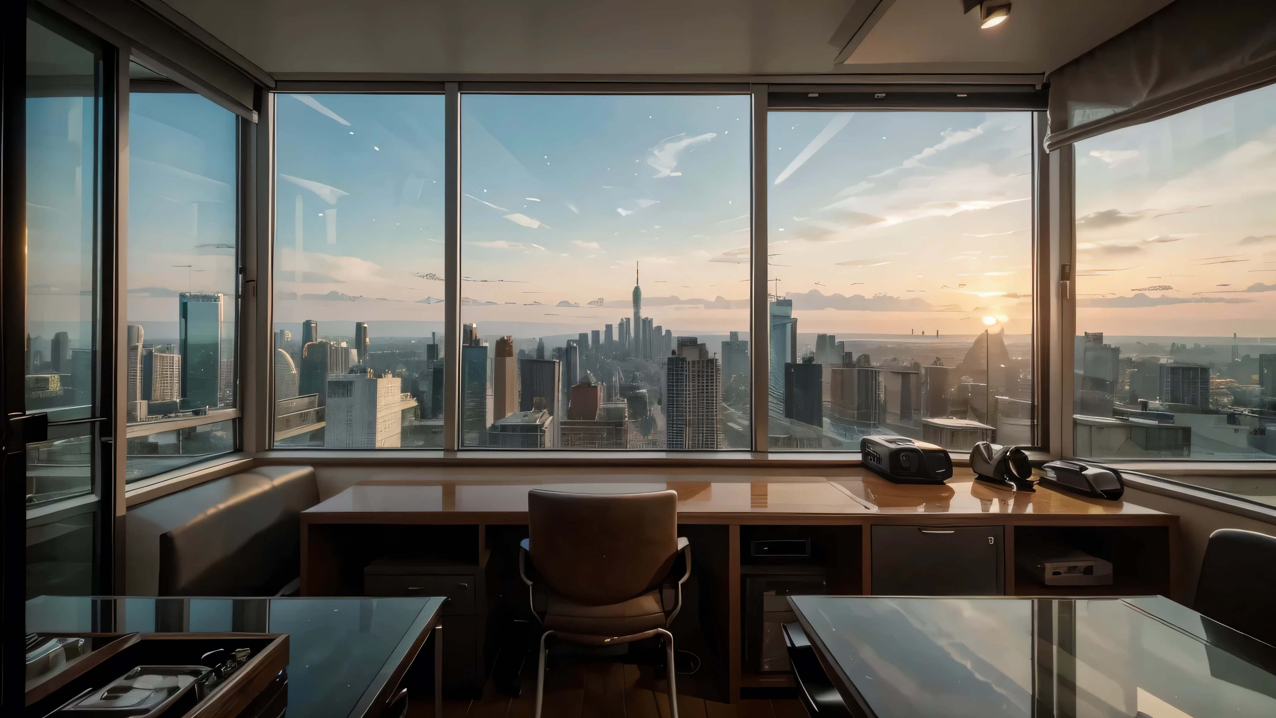 there is a outside city view in the picture, a lots of tall building and many highway view, and the picture are taken from the apartment that with the glasses wall view, inside the apartment there's a working table with a cup of hot tea, wide shot is taken, highly upvoted, very detailed, zoomed out, digitally enhanced, very stylized, portrait shot, very detailed background