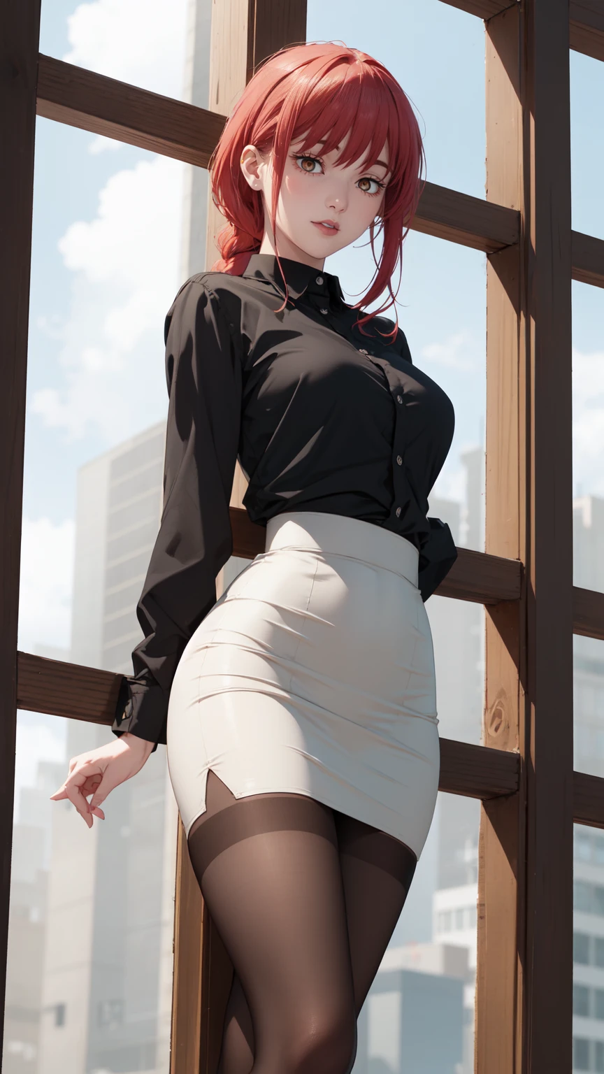 ((masterpiece, Best Quality, high resolution, Perfect Pixel, 8K)), 1 girl、sensual thighs、 (Red gorgeous hair)、Beautiful eyelashes、Detailed face、Smooth texture, Realistic texture, Photorealistic, Anime CG style、(Wearing White Shirt、pencil skirt、Indigo Pantyhose、standing、Sexy legs、Wooden Background) view from behind、medium breasts、High quality、ultra high definition、 detailed face、ultra high clarity、curvacious body、best image quality、ultra high resolution、seductive、dynamic lightning、((medium shot)). 