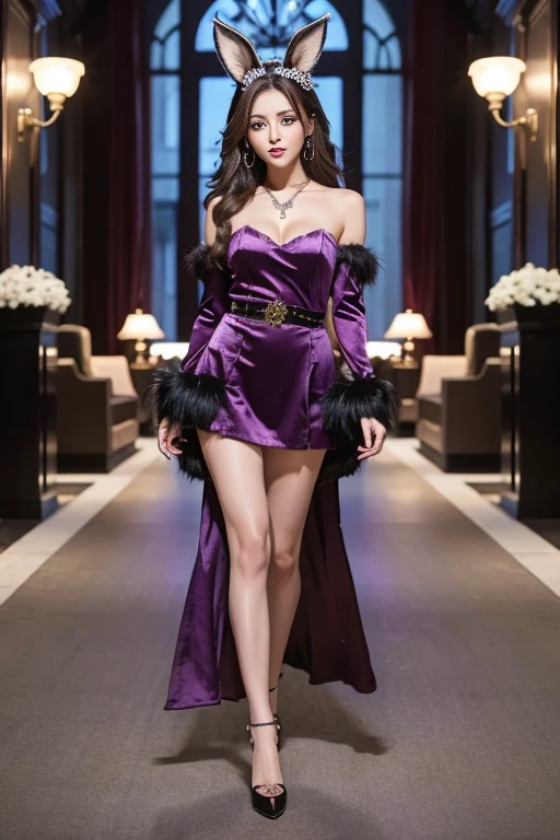 masterpiece, Highest quality, Realistic, Very detailed, Finer details, High resolution, 8k wallpaper, One beautiful woman, Dressed in a cute purple and black velvet bunny girl costume, wearing the garterbelt, Wearing high heels, Great hotel entrance, At night, Light brown messy hair, Perfect dynamic composition, Beautiful and beautiful eyes、Big earrings、Are standing、Cowboy Shot