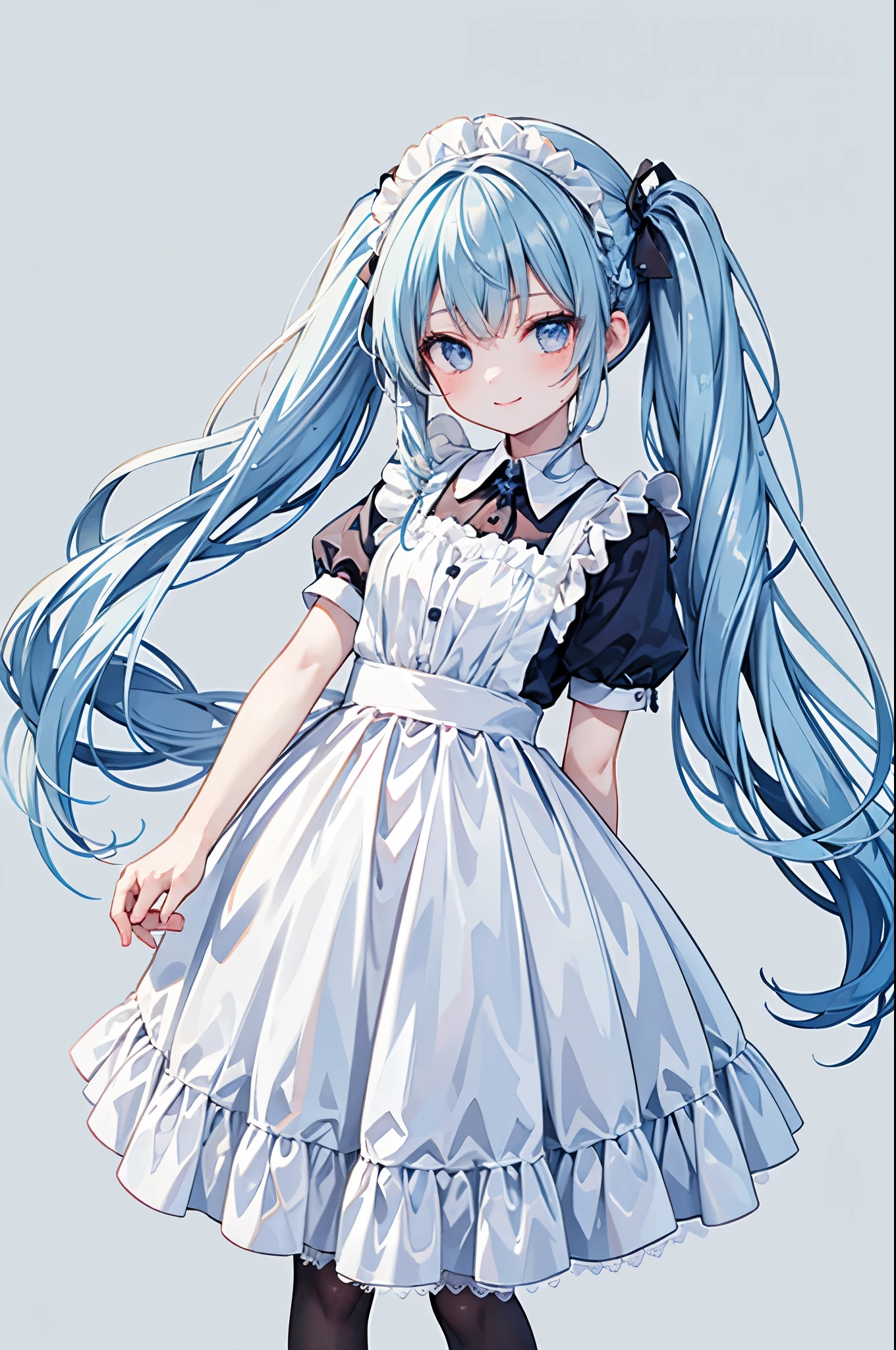high resolution,smile,woman,woman1人,adult,cute, Twin tails, Light blue hair,BREAK,
Light blue eyes,BREAK,Maid clothes,BREAK,Facing forward,BREAK,Light blue background,