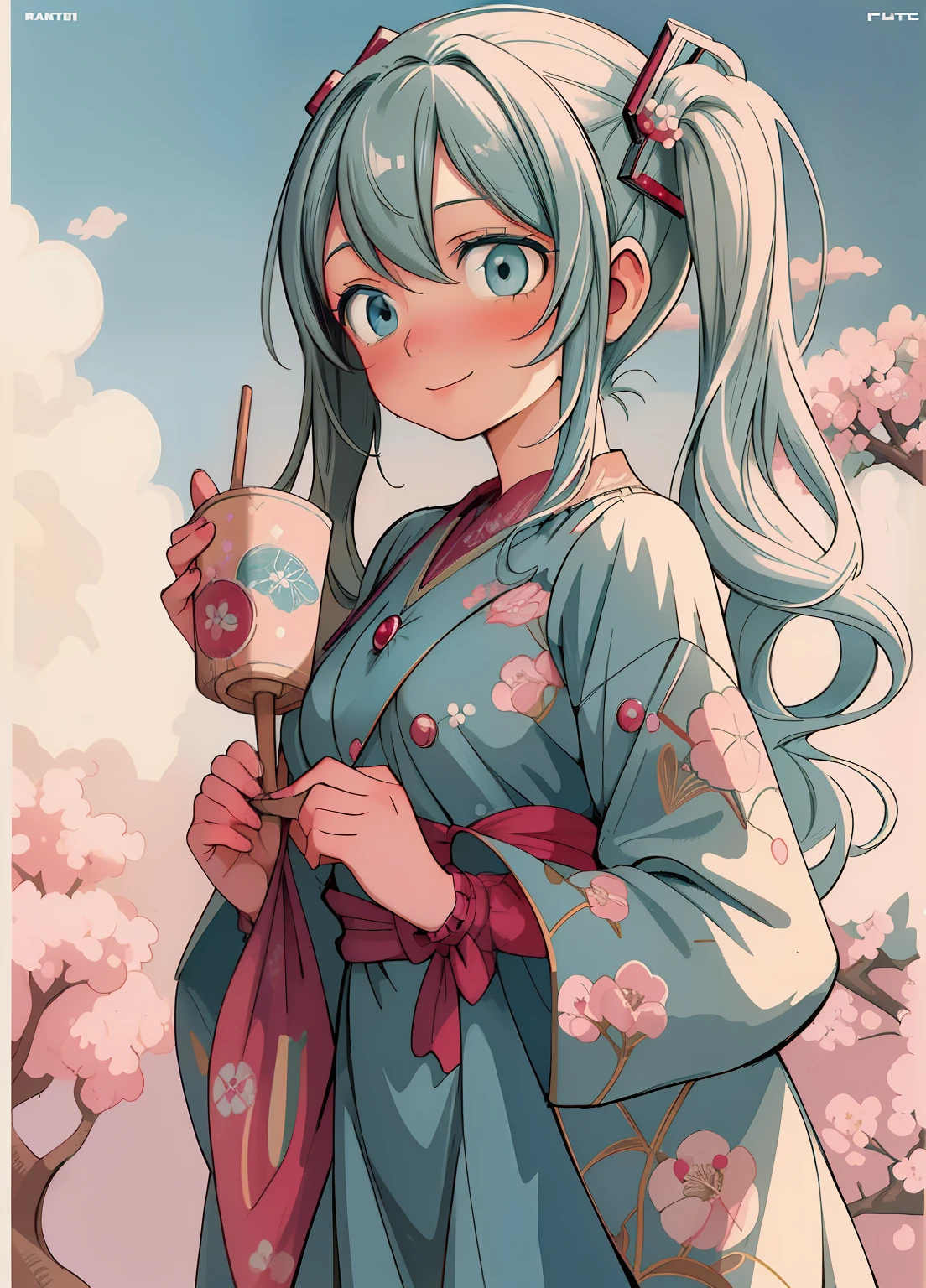(masterpiece、Highest quality、Highest quality、Official Art、Beautiful and beautiful:1.2)、(One girl:1.3)Hatsune Miku、Twin tails,Beautiful breasts, Katsushika Hokusai,9. Sweet Moments:Beautiful maiden in a maroon dress,holding a cake,She smiled.、I shared this delicious and sweet moment with my friends.。,Glossy old advertising poster, Vintage Posters, Poster Vintage, Retro Posters, enoch bolles, 1940s propaganda posters, Joseph Brant, inspired by Art Frahm, beautiful retro art, art deco poster, Vintage Posters style, Hidden Ads