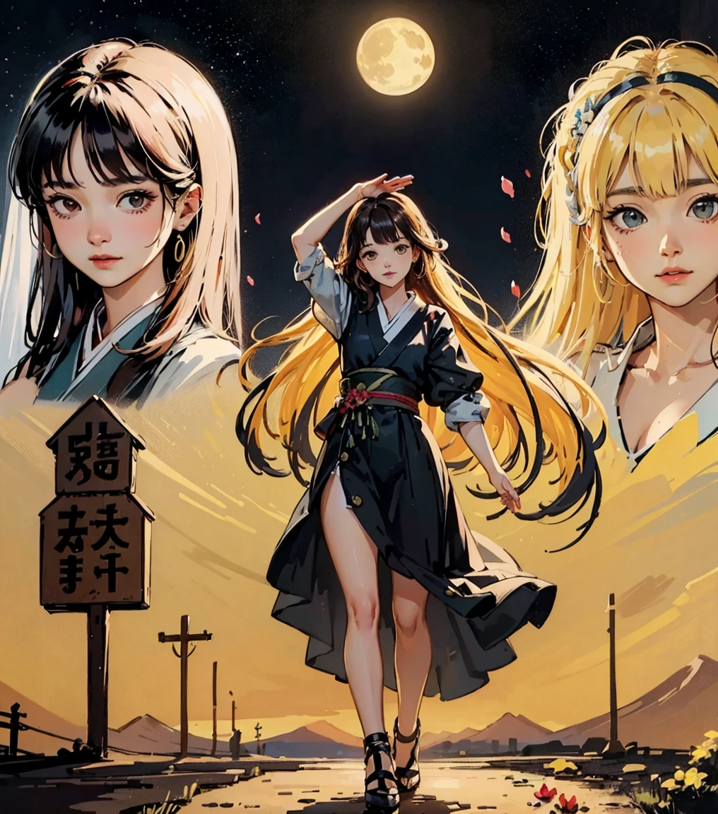 ローアングルFull Body Shot1.4、(Pitch Black Night、moonlight、Black Sky、Distant Mountain々々You can see a wide meadow、Lots of petals、Hair blowing in the wind)(((Yellow and black dress、High heels)))、(((Full Body Shot、Saints praying to the moon)))(((Japanese women, 18-year-old、Small face 1.4、、Blunt bangs、length、Straight hair、Black-haired、Five Fingers、Full body photo 1.4)))、(Small ear-shaped arms and legs、Waist circumference、Detailed skin with blood vessels showing through、Beautiful skin shining with sweat、Detailed skin with visible pores、Realistic, Detailed skin of downy hair、リアルでDetailed skin、Highly detailed and beautiful face、Beautiful and well-proportioned face、Very cute face、Darkening of the armpits、Detailed skin)