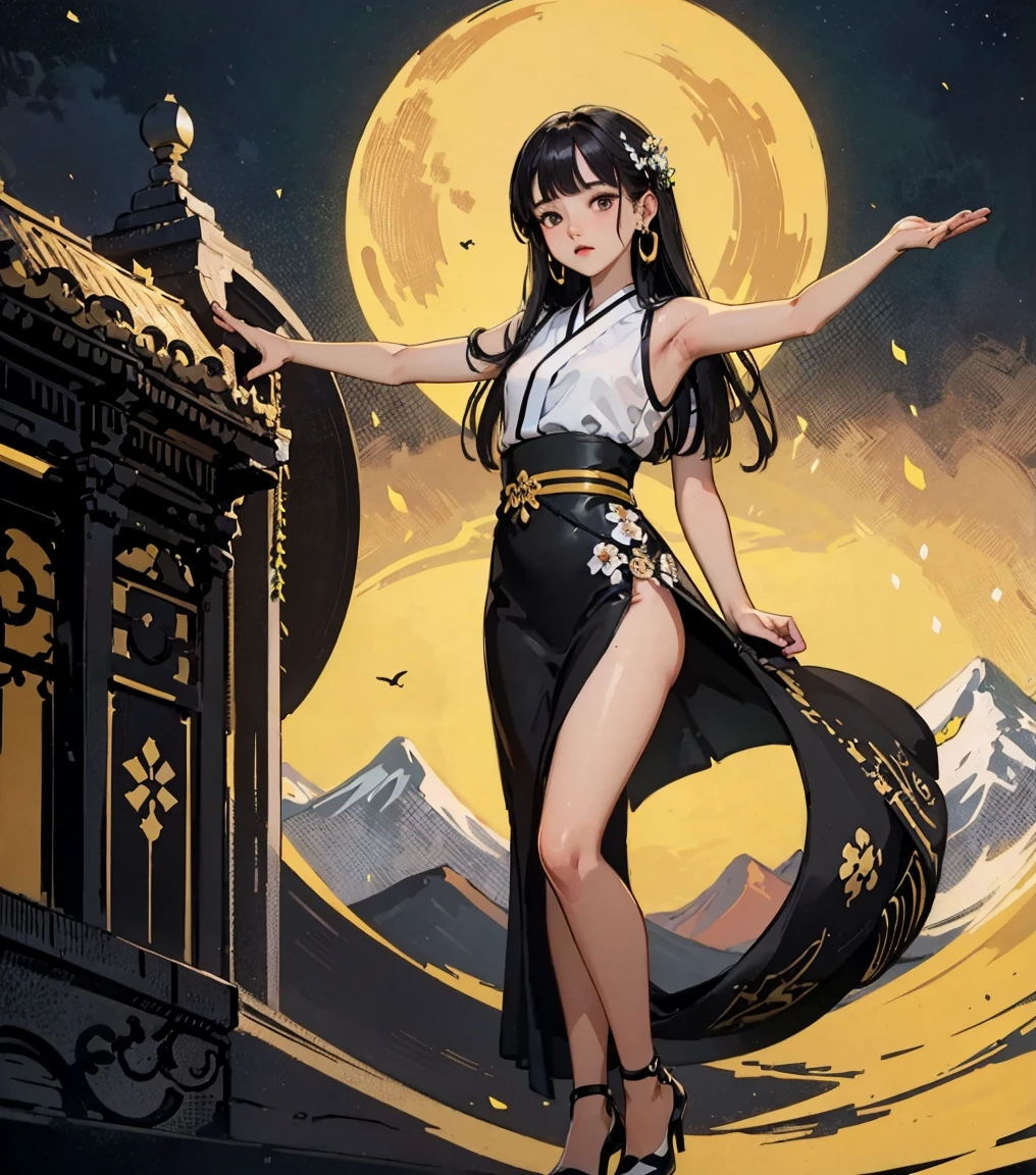 ローアングルFull Body Shot1.4、（Pitch Black Night、moonlight、Black Sky、Distant Mountain々々You can see a wide meadow、Lots of petals、Hair blowing in the wind）（（（Yellow and black dress、High heels）））、（（（Full Body Shot、Saints praying to the moon）））（（（Japanese women, 18-year-old、Small face 1.4、、Blunt bangs、length、Straight hair、Black-haired、Five Fingers、Full body photo 1.4）））、（Small ear-shaped arms and legs、Waist circumference、Detailed skin with blood vessels showing through、Beautiful skin shining with sweat、Detailed skin with visible pores、Realistic, Detailed skin of downy hair、リアルでDetailed skin、Highly detailed and beautiful face、Beautiful and well-proportioned face、Very cute face、Darkening of the armpits、Detailed skin）