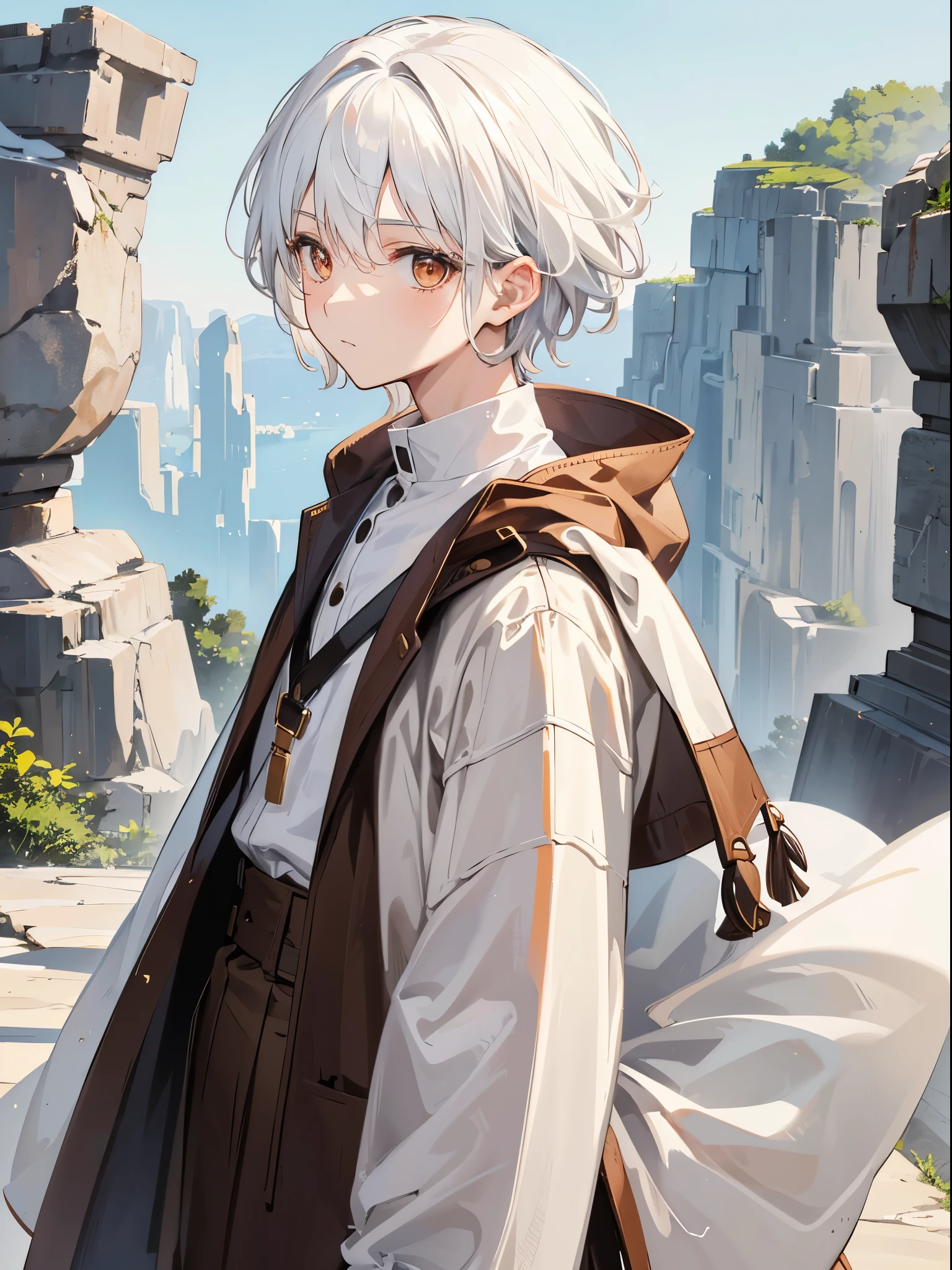 1boy, white hair, brown eyes, beautiful background, simple clothes