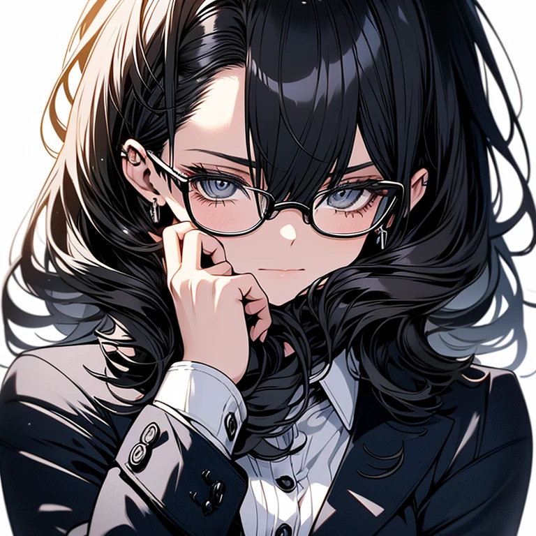 The Beauty of Knowledge,cool,Woman in her 20s,Silver glasses,Black business suit,White background,cold,Emotionless,Black Hair,Upper Body,