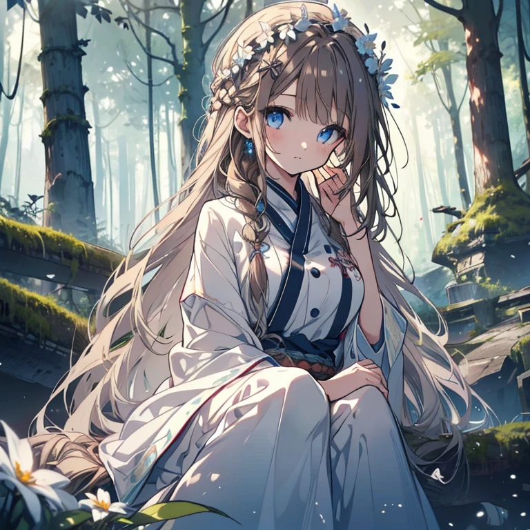 1 girl、Mature、Ample breasts、Long Hair、Brown Hair、Braid、2つのBraid、Light blue eyes、White Dress、Flower crown、Deep in the forest、Foggy、mysterious、sit、stream、Mossy、Ancient Forest、High resolution、Highest quality、