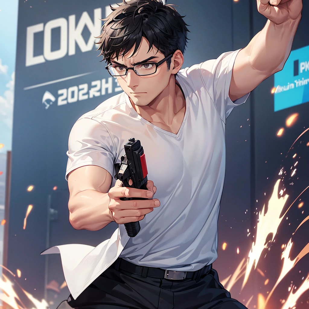 a man with short gray hair,glasses,wearing a white shirt with 'Türkiye' written on it,holding a pistol in a shooting stance,serious expression,detailed illustration,sports setting,Olympic event,banners,photographers,vibrant,dynamic,focus,intensity