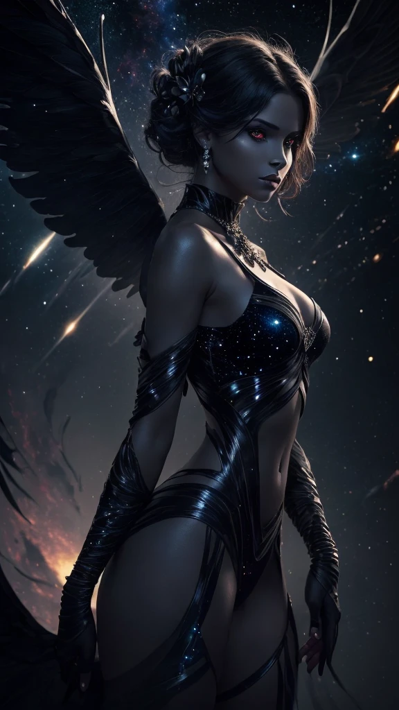 (((This is a dark image))). Generate a dark celestial woman with ((extremely perfect)) eyes and (((pure black galaxy skin))). Her ((onyx black)) but (soft) face should be highly detailed and realistically shaded with puffy lips. Her wings are delicate but stunning, with many small fantasy details. This is a (((masterpiece))). Utilize dynamic composition and expressions to create a cinematic experience. Include glittering and delicate jewelry. The background of the image should be pure back, leaving the woman as the focal point of the image. ((dark celestialskin body, void cosmic body)), ornate, (((dark background))), (((lights off))), (((hollywood dark)))