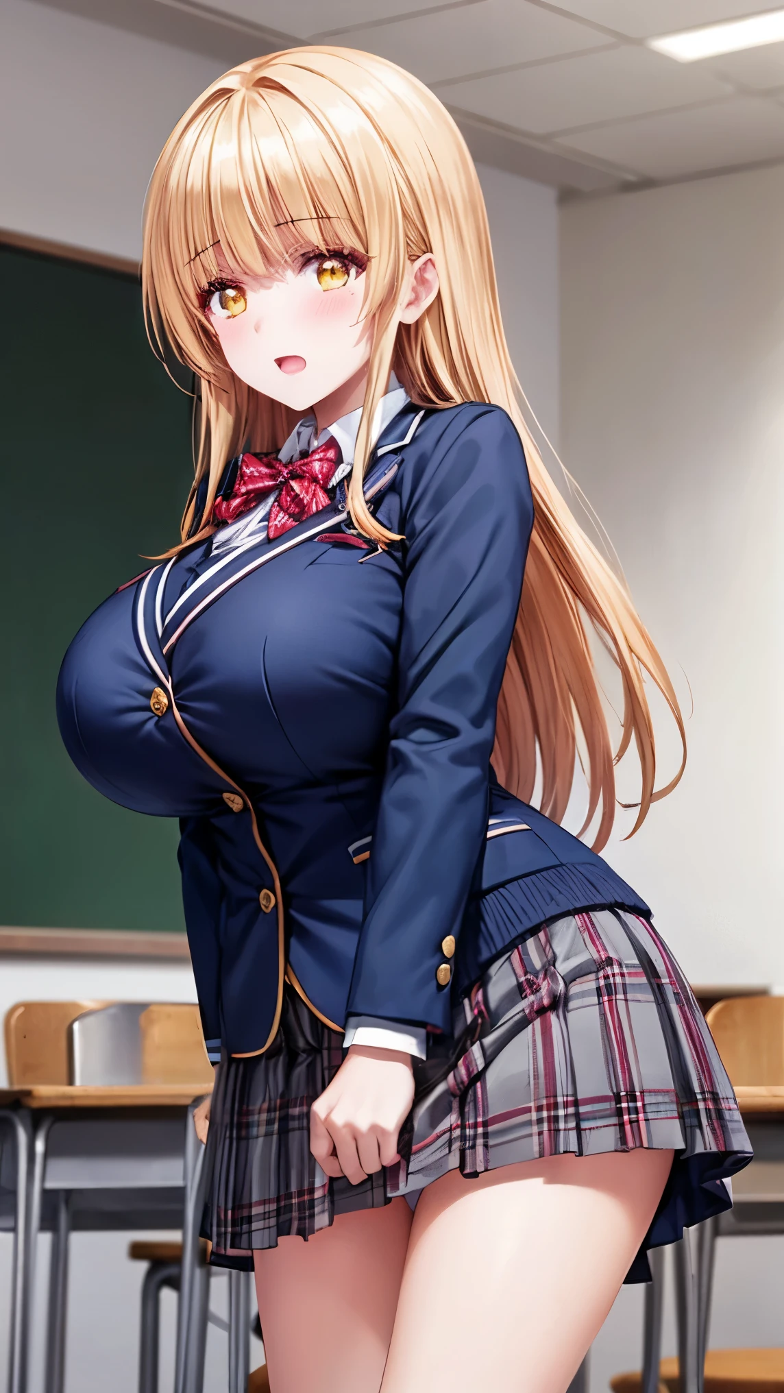 best quality,1girl,((big breasts:1.3)),orgasm,blush,sweat,mahiru shiina, bangs, blonde hair, brown hair, (yellow eyes:1.3),long hair, skirt, bow, (school uniform), jacket, pleated skirt, plaid, plaid skirt, blazer, cardigan, blue blazer, (red bowtie:1.2),lift skirt,upskirt,white panties,lace panties,classroom