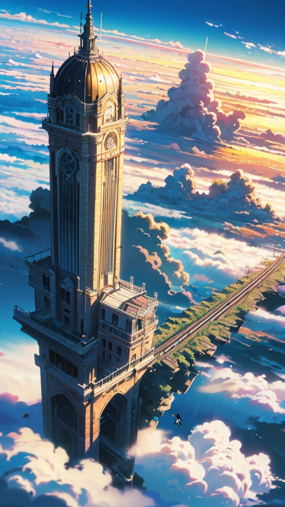 octane rendering,bioluminescence,8K resolution concept art,realism,by Mappa studios,masterpiece,top quality,official art,illustration,ligne claire,(cool_color),perfect composition,absurd,fantasy Focus,(aerial),(above the clouds:1.4),(finely drawn modern city:1.3),(modern city towering above the clouds:1.2),epic,(focus_girl:1. 2),(girl in city peak of Broken bridge),girl sitting alone at foot of bridge looking into distance (girl in city peak of Broken bridge),detailed uniform,calm expression,bird's eye view,wind blowing,fantastic plants,book,giant world tree,movement,(depth of field),stretched shot,view from above