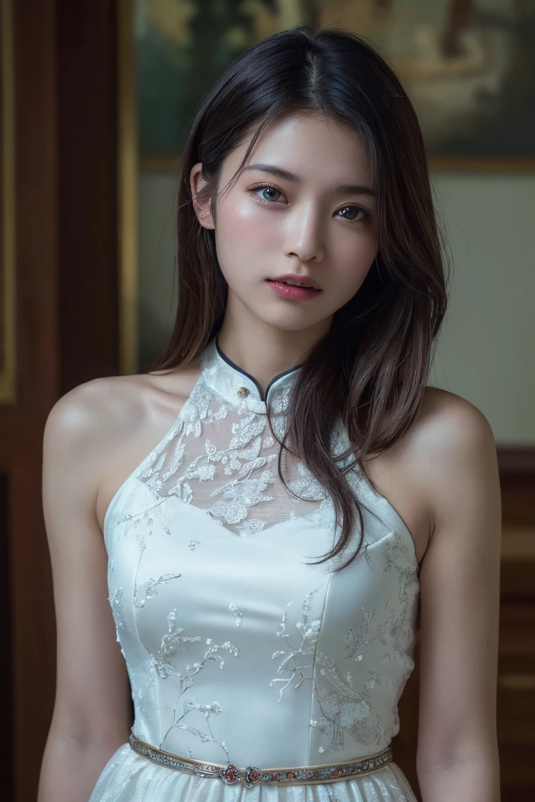 (Highest quality:1.4),(masterpiece:1.4),(Realistic:1.4),(Realistic:1.2),(超High resolution, RAW Photos:1.4),(High resolution, Very detailed:1.2),(8k:1.2),Movie Photos,a photo of a dark-haired,One Girl,alone,wear ,((China dress))、((Upper Body:1.3))