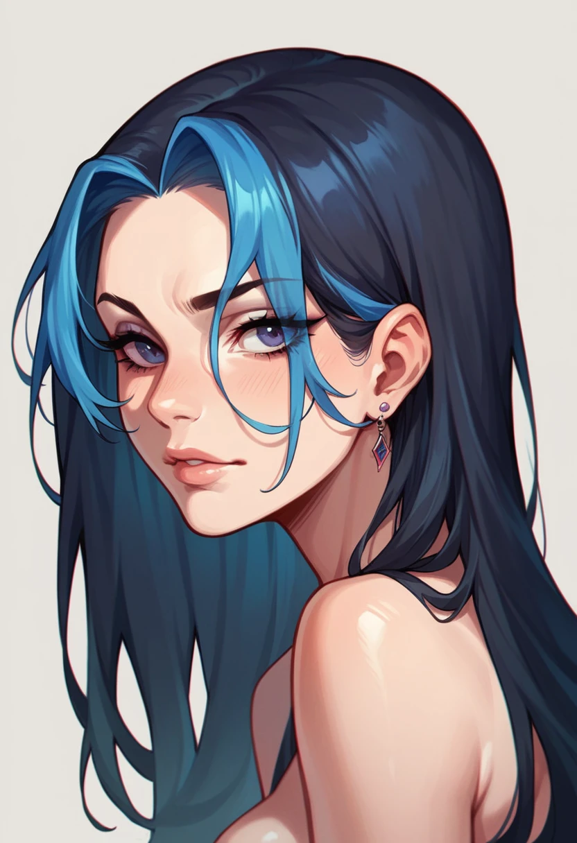 a girl who has very long straight shiny dark blue hair falling in a straight line to the level of her knees. it is hairless, and big sky blue eyes, tall and has an F-sized bust. Her body is slim and voluptuous, She has round cheeks that are slightly flushed, Her lips are heart-shaped and reddish in color, and her skin is white with a bit of pink., She is 68.9 inches, She's naked and nervous, opening her legs.