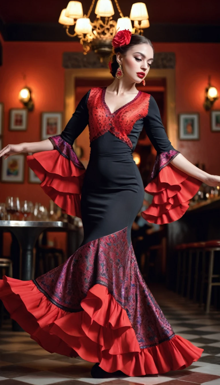 A beautiful young woman, flamenco dancer, full body shot, dancing in a spanish restaurant, elegant flamenco dress, passionate dance moves, intricate footwork, beautiful detailed eyes, beautiful detailed lips, extremely detailed face, long eyelashes, dramatic lighting, vibrant colors, ornate decor, tiled floor, dramatic shadows, (best quality,4k,8k,highres,masterpiece:1.2),ultra-detailed,(realistic,photorealistic,photo-realistic:1.37),concept art,dramatic lighting,vivid colors