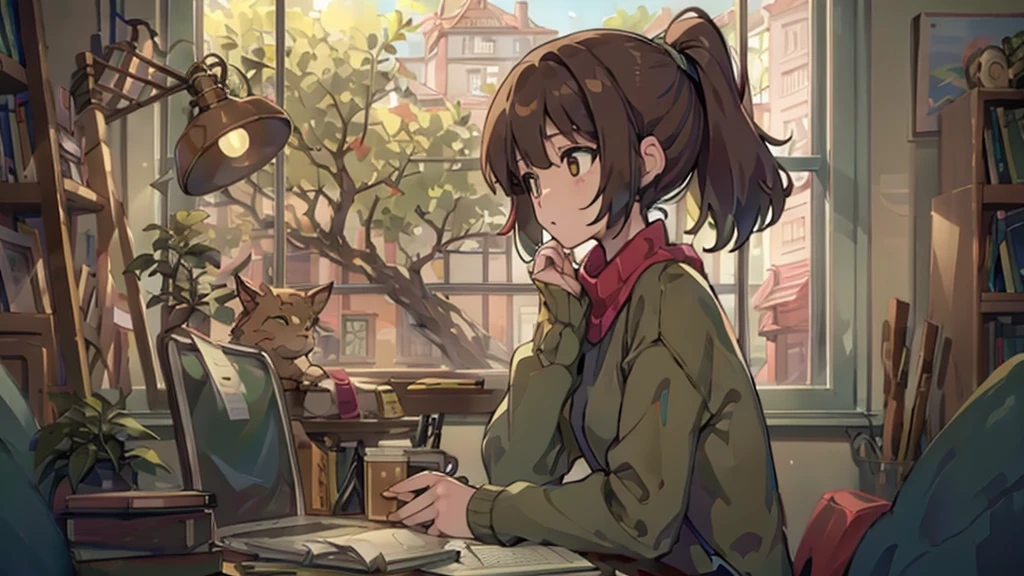 In a quiet corner of the cafe、A female character is studying using a laptop。She is wearing a casual sweater、Books and notebooks are spread out around。Soft natural light pours in through the windows.、Outside there is a tree々I can see it shaking.。There is a hot cup of coffee and a potted plant on the table.、In the background, there are bookshelves and artwork.。The room is decorated in soft brown and green tones.、There is a calm atmosphere in the air.。