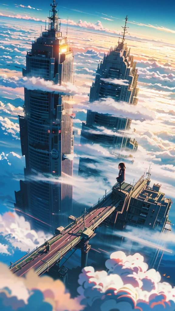 octane rendering,bioluminescence,8K resolution concept art,realism,by Mappa studios,masterpiece,top quality,official art,illustration,ligne claire,(cool_color),perfect composition,absurd,fantasy Focus,(aerial),(above the clouds:1.4),(finely drawn modern city:1.3),(modern city towering above the clouds:1.2),epic,(focus_girl:1. 2),(girl in city peak of Broken bridge),girl sitting alone at foot of bridge looking into distance (girl in city peak of Broken bridge),detailed uniform,calm expression,bird's eye view,wind blowing,fantastic plants,book,giant world tree,movement,(depth of field),stretched shot,view from above