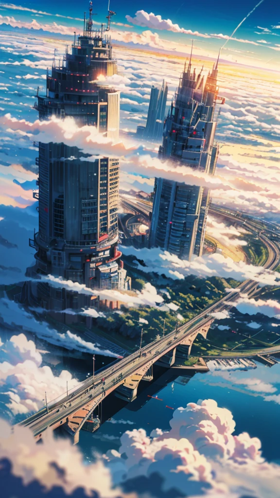 octane rendering,bioluminescence,8K resolution concept art,realism,by Mappa studios,masterpiece,top quality,official art,illustration,ligne claire,(cool_color),perfect composition,absurd,fantasy Focus,(aerial),(above the clouds:1.4),(finely drawn modern city:1.3),(modern city towering above the clouds:1.2),epic,(focus_girl:1. 2),(girl in city peak of Broken bridge),girl sitting alone at foot of bridge looking into distance (girl in city peak of Broken bridge),detailed uniform,calm expression,bird's eye view,wind blowing,fantastic plants,book,giant world tree,movement,(depth of field),stretched shot,view from above