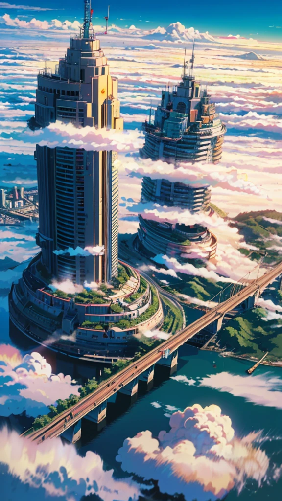 octane rendering,bioluminescence,8K resolution concept art,realism,by Mappa studios,masterpiece,top quality,official art,illustration,ligne claire,(cool_color),perfect composition,absurd,fantasy Focus,(aerial),(above the clouds:1.4),(finely drawn modern city:1.3),(modern city towering above the clouds:1.2),epic,(focus_girl:1. 2),(girl in city peak of Broken bridge),girl sitting alone at foot of bridge looking into distance (girl in city peak of Broken bridge),detailed uniform,calm expression,bird's eye view,wind blowing,fantastic plants,book,giant world tree,movement,(depth of field),stretched shot,view from above