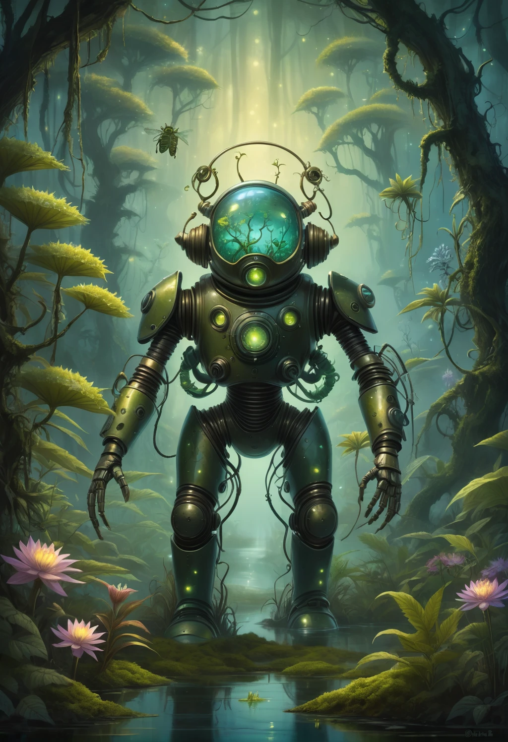 Illustration style image of a biomechanical entity. The entity is a fusion of technology and nature cannabis, with a helmet that resembles a diving suit, its surface covered with verdant moss, handing a flower to the viewer, hemp plant, cannabis, luminous, exotic flowers. Its arms are heavy and robotic, adorned with peaceful symbols and designs. The backdrop is an enchanted swamp, filled with a mystical fog, gnarled trees, and a spectrum of swamp flora. Fireflies dot the air with their luminescent glow. The artwork should have a whimsical, fantastical feel, with bright colors and a hand-drawn quality that emphasizes the enchanting aspects of the scene and the theme of the organic meeting and mechanics.