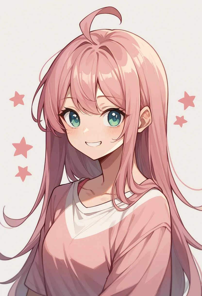 Highest quality、Super detailed、1 smiling cute anime girl、long hair、Get rid of bangs、Pink clothes、Simple Background