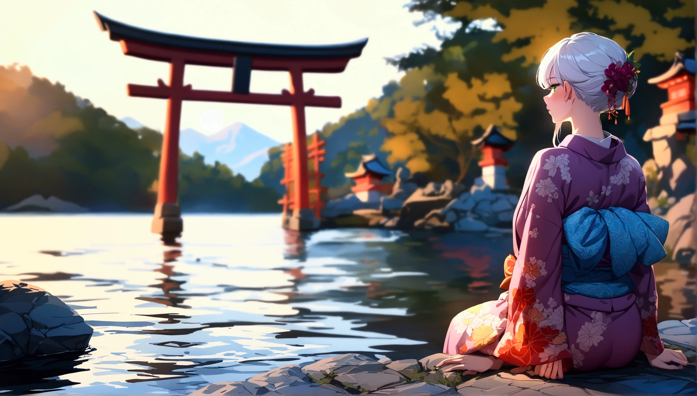 1 futanari, white hair, green eyes, big panise, showing her testicalse, violet kimono, lake water, evening, shrine gate, full moon,