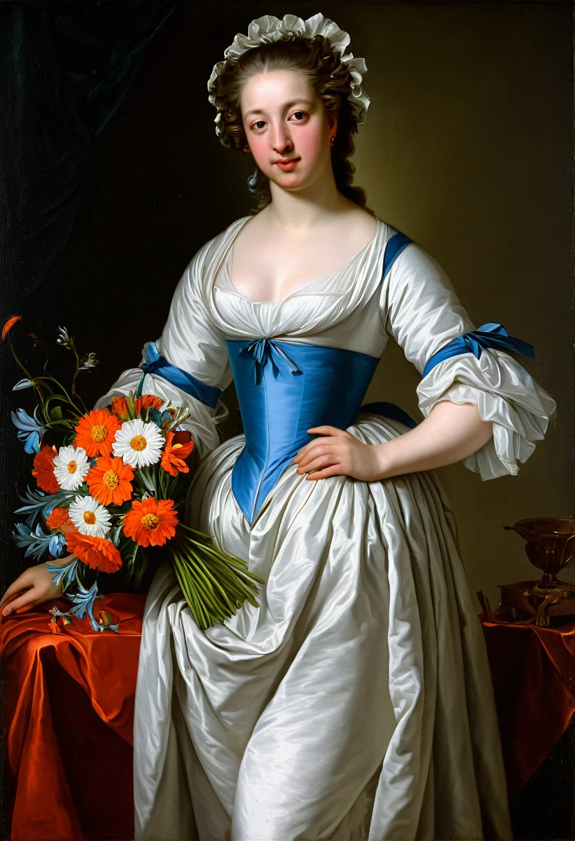 Painting of a woman in a white dress holding a bouquet of flowers by Pompeo Girolamo Batoni, after Pompeo Girolamo Batoni, after Gerard de Laires, after Pompeo Batoni, Gerard van Honthorst, after Peter Lely, after Godfried Schalken, after Peter Lely, after Emanuel de Witte, after Pompeo Batoni, after Gerard de Laires