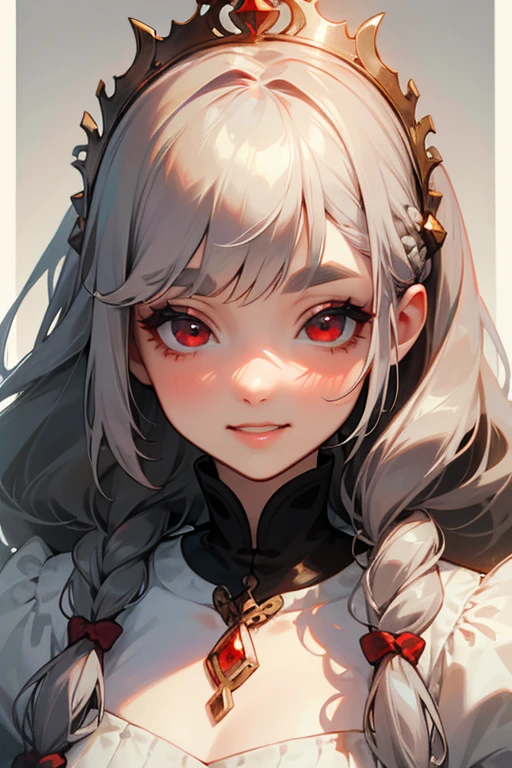 (Highest quality, masterpiece:1.2), High resolution, 最高masterpiece、Very detailed, Realistic:1.37, Fantasy, An illustration,Gray Hair、 Red eyes、Queen, White Dress、beautifully、Eyeshadow Red、Thick eyebrows、Long eyelashes、pupils are black、shiny on the lips、Top Sites、Queen、Princess、A kind smile、Show your teeth a little and smile、Soft impression、people々々Loved by、Slimming the face、Shoulder Bare、Sexy braids、Kissing Face、Long white hair、Shaggy Bangs